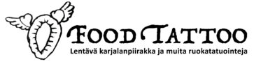 Näyttelyn logo missä siivekäs karjalanpiirakka ja teksti FOOD TATTOO - lentävä karjalanpiirakka ja muita tatuointitarinoita.