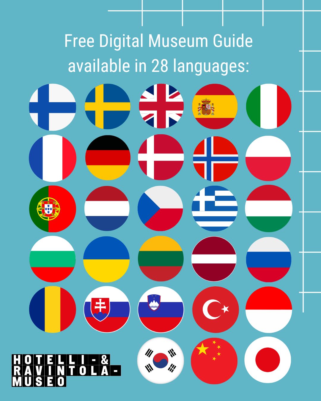 28 different flags indicating the different languages available in the museum guide.