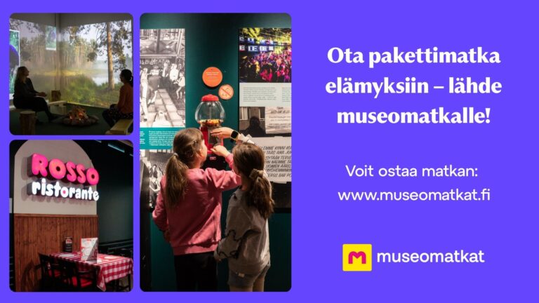 Kuvakollaasi, jossa kolme kuvaa museosta ja niiden oikealla puolella teksti "Ota pakettimatka elämyksiin - lähde museomatkalle!"