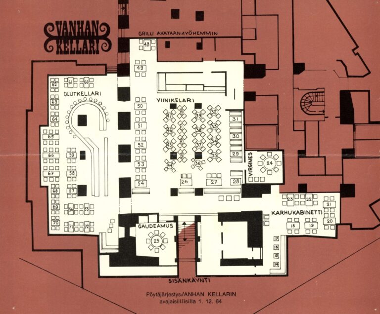 Vanhan Kellarin pöytäkartta ravintolan avajaisista vuodelta 1964.