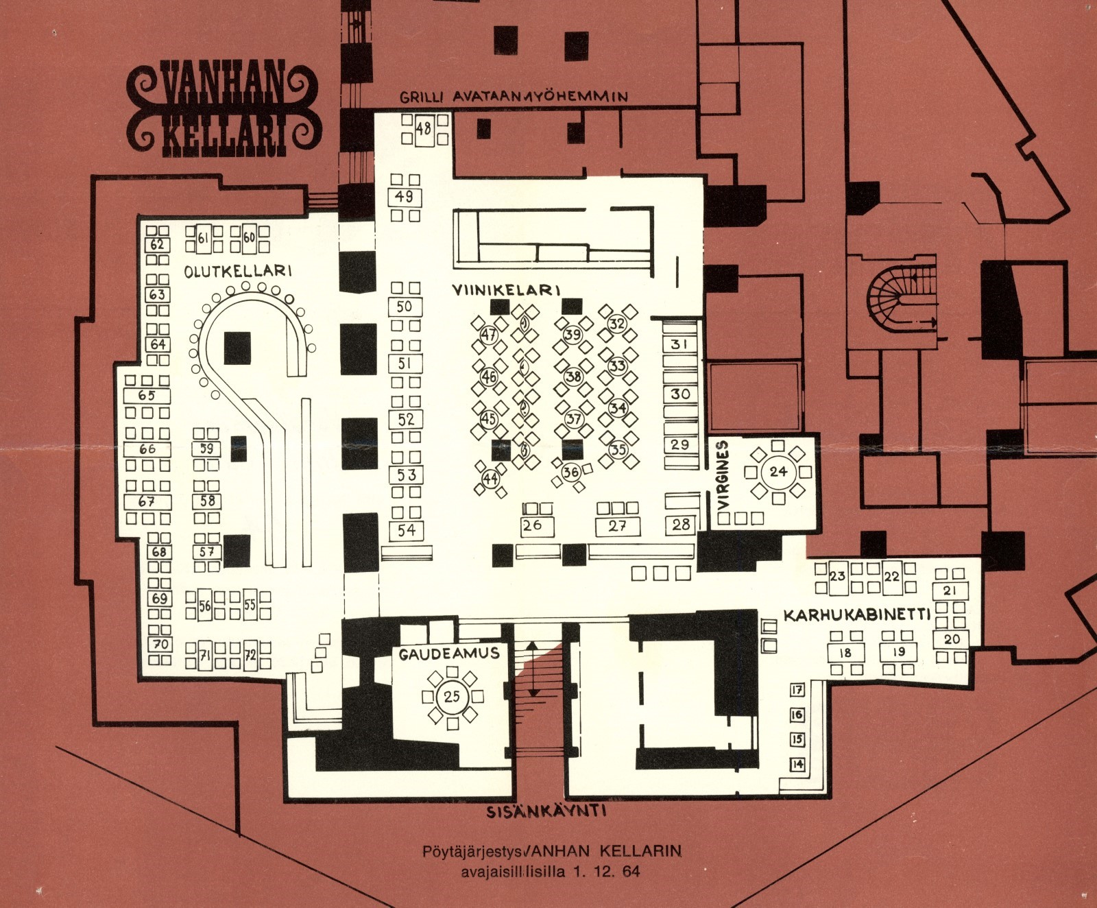 Vanhan Kellarin pöytäkartta ravintolan avajaisista vuodelta 1964.