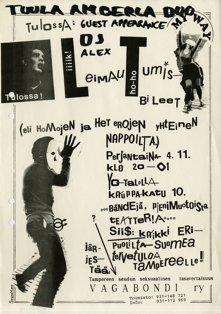 Tampereen YO-talolla 4.11.1988 järjestettyjen Leimautumisbileiden (myöh. Leimarit) mainosjuliste. Tapahtuman järjesti Tampereen seudun seksuaalinen tasavertaisuus Vagabondi ry.